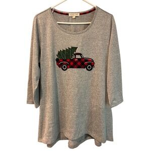Clover + Pine Women's Gray Plaid Truck Christmas‎ Tree Long Sleeve Top Size L